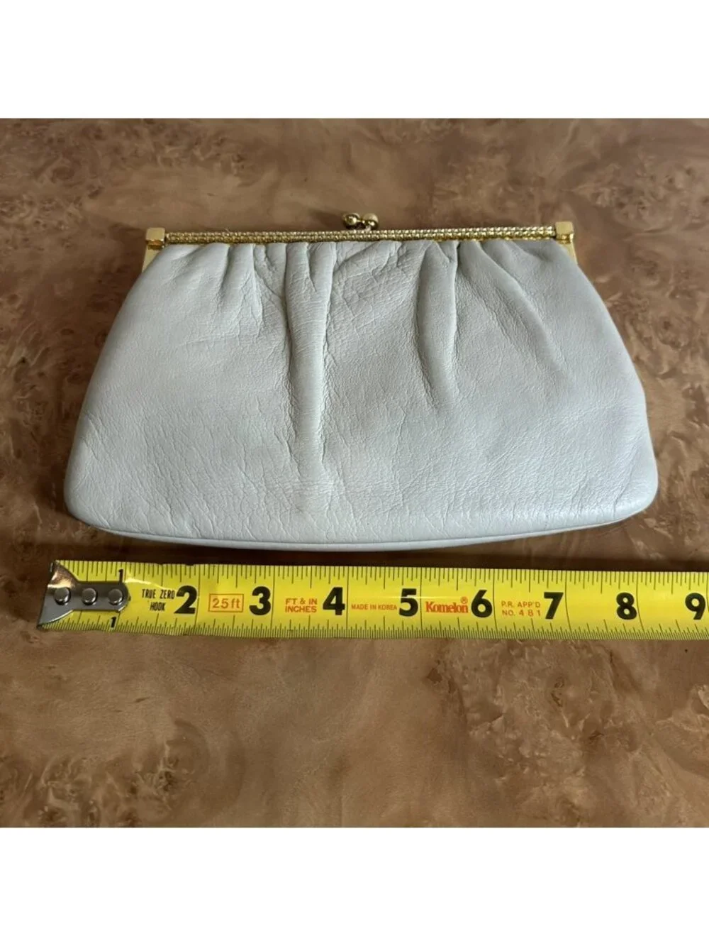 Vintage Etra Off-White Leather Clutch Purse Gold Kiss Lock Evening Bag MCM